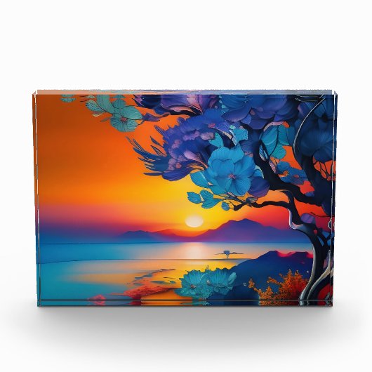 Blühender Baum am See bei Sonnenaufgang Fotoblock (Vorderseite)