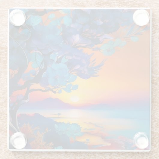Blühender Baum am See bei Sonnenaufgang Glasuntersetzer (Rückseite)
