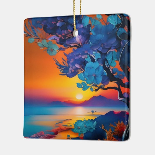 Blühender Baum am See bei Sonnenaufgang Keramikornament (Links)