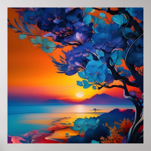 Blühender Baum am See bei Sonnenaufgang Poster (Vorne)