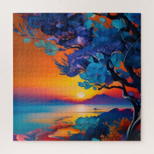 Blühender Baum am See bei Sonnenaufgang Puzzle