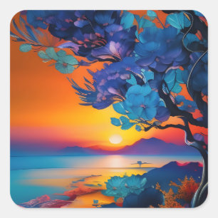 Blühender Baum am See bei Sonnenaufgang Quadratischer Aufkleber