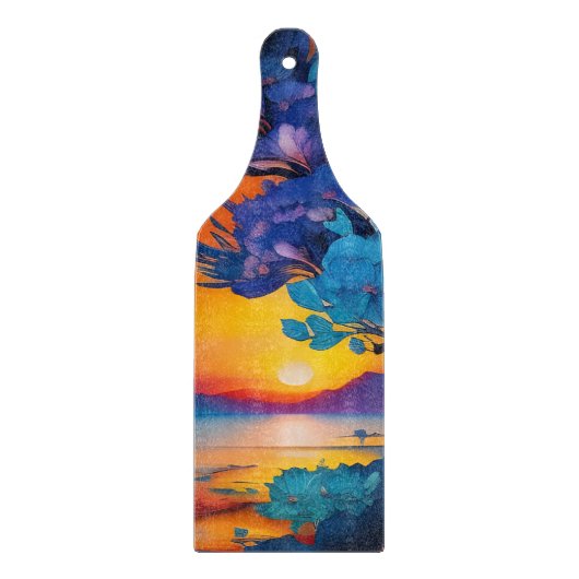 Blühender Baum am See bei Sonnenaufgang Schneidebrett (Vorderseite)