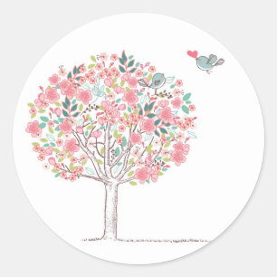 Blühender Baum und Vögel in der Liebe Runder Aufkleber