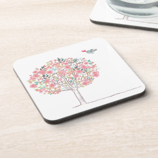 Blühender Baum und Vögel in der Liebe Untersetzer (Linke Seite)