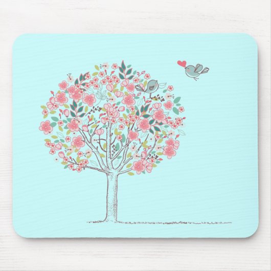 Blühender Baum und Vögel in Liebe Mousepad (Vorne)