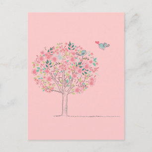 Blühender Baum und Vögel in Liebe Postkarte