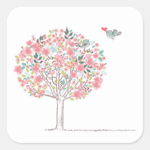 Blühender Baum und Vögel in Liebe Quadratischer Aufkleber
