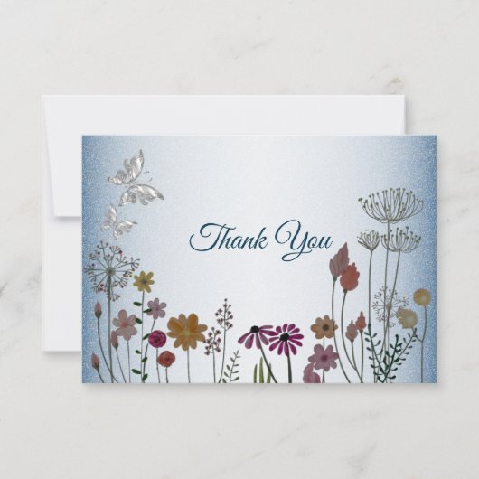 Blühender Blumengarten Blauer Glitzer Hochzeit Dankeskarte (Vorderseite)