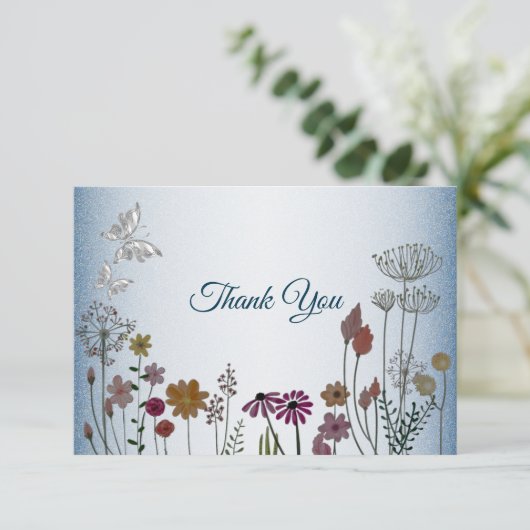 Blühender Blumengarten Blauer Glitzer Hochzeit Dankeskarte (Stehend Vorderseite)