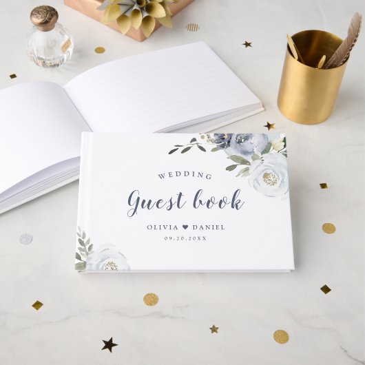 Blühender botanischer Dustblauer Hochzeitsgast Gästebuch (Vorderseite Offen)