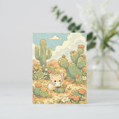 Blühender Feigenkaktus Kawaii Fennek Fuchs Postkarte (Stehend Vorderseite)