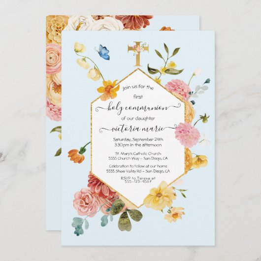 Blühender Garten Blumen Licht & Luft 1. Kommunion Einladung (Vorne/Hinten)