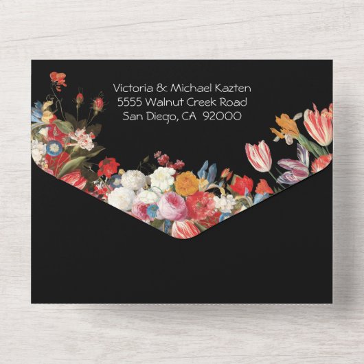 Blühender Garten Dunkel & Moody Wedding Kessel All In One Einladung (Rückseite)