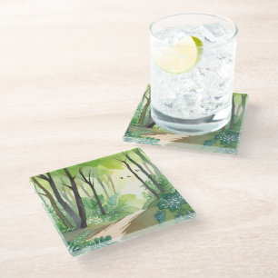 Blühender grüner Wald   Natur-Aquarell Glasuntersetzer