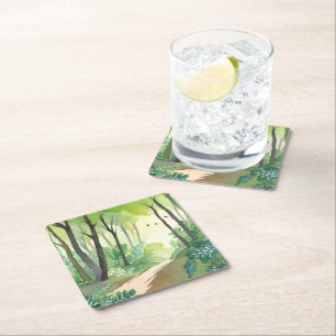 Blühender grüner Wald   Natur-Aquarell Rechteckiger Pappuntersetzer