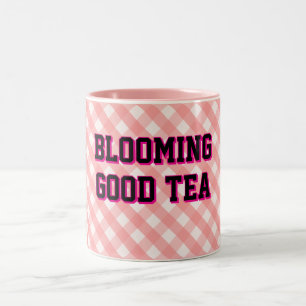 BLÜHENDER GUTER TEE Rosa Gingham-Hintergrund Zweifarbige Tasse