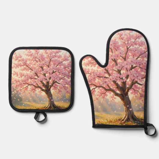 Blühender Kirschblütenbaum Frühling Ofenhandschuh & Topflappen-Set (Vorderseite)