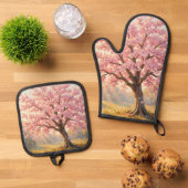 Blühender Kirschblütenbaum Frühling Ofenhandschuh & Topflappen-Set (Oben Unten)
