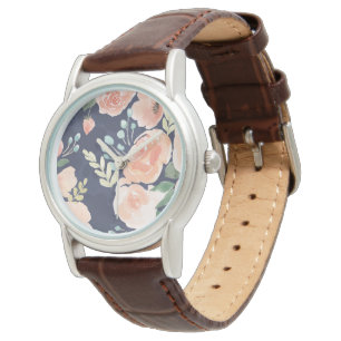 Blühender Pfirsich der Freuden- u. blaue Rosen u Armbanduhr