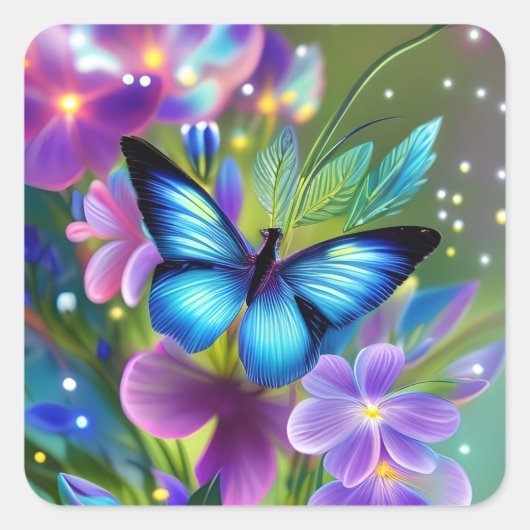 Blühender Schmetterling in Fairy Garden Quadratischer Aufkleber (Vorderseite)