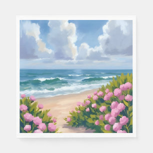 Blühender Strand Rosa Hortensien am Ozeanstrand Serviette