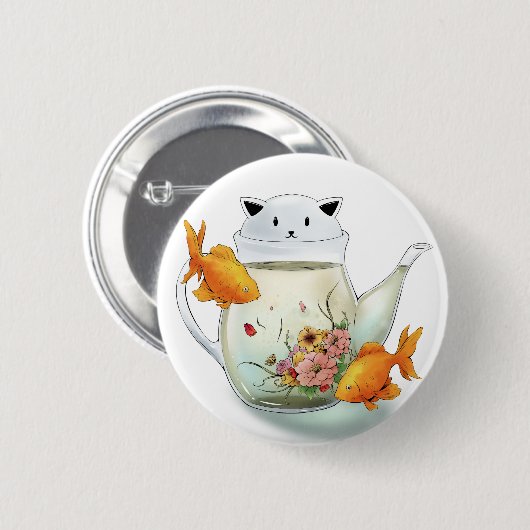 Blühender Tee in einer Katzen-Teekanne und einem Button (Vorne & Hinten)