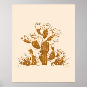Blühender Wüstenkaktus Botanische Linienstil-Kunst Poster