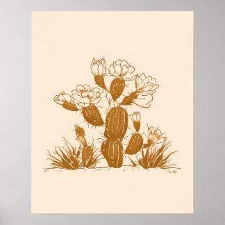Blühender Wüstenkaktus Botanische Linienstil-Kunst Poster