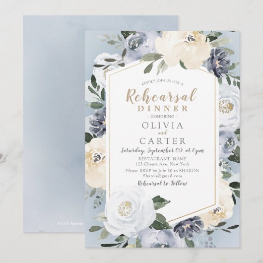 Blühendes botanisches Dusty Blue Probe Dinner Einladung (Vorne/Hinten)