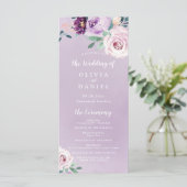 Blühendes botanisches Hochzeitsprogramm für lila B Menükarte (Stehend Vorderseite)