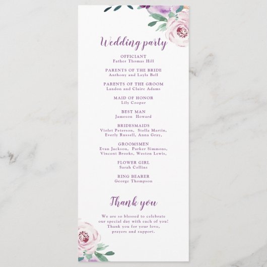 Blühendes botanisches Hochzeitsprogramm für lila B Menükarte (Rückseite)