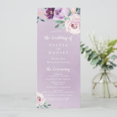 Blühendes botanisches Hochzeitsprogramm für lila B Menükarte (Stehend Vorderseite)