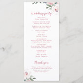 Blühendes botanisches Hochzeitsprogramm in Rosa Menükarte (Rückseite)