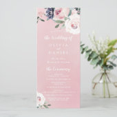 Blühendes botanisches Hochzeitsprogramm in Rosa Menükarte (Stehend Vorderseite)