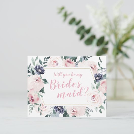 Blühendes botanisches Rosa Werden Sie meine Brautj Einladung (Stehend Vorderseite)