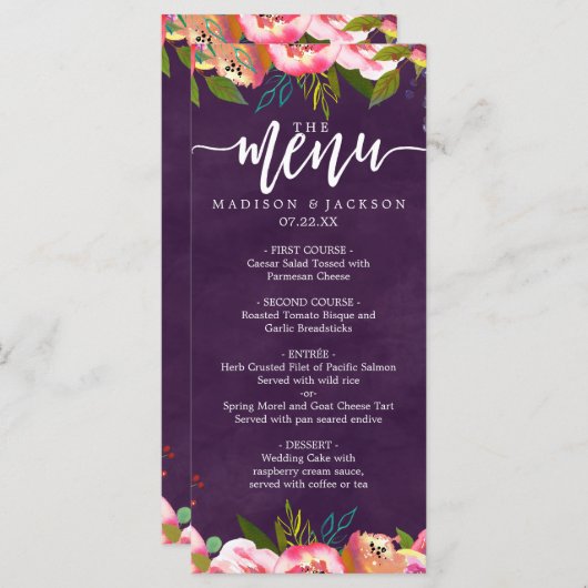 Blühendes Chic Color Editable Wedding Menu Menükarte (Vorne/Hinten)