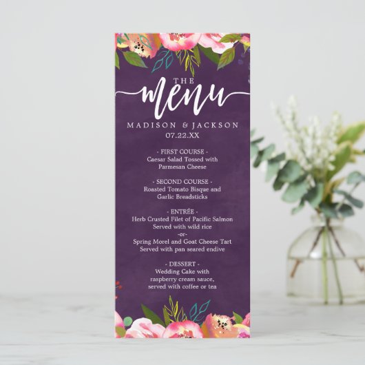 Blühendes Chic Color Editable Wedding Menu Menükarte (Stehend Vorderseite)