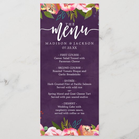 Blühendes Chic Color Editable Wedding Menu Menükarte (Vorderseite)