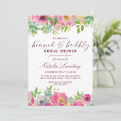 Blühendes Chic Pink Brunch & Bubbly Brautparty Einladung (Stehend Vorderseite)