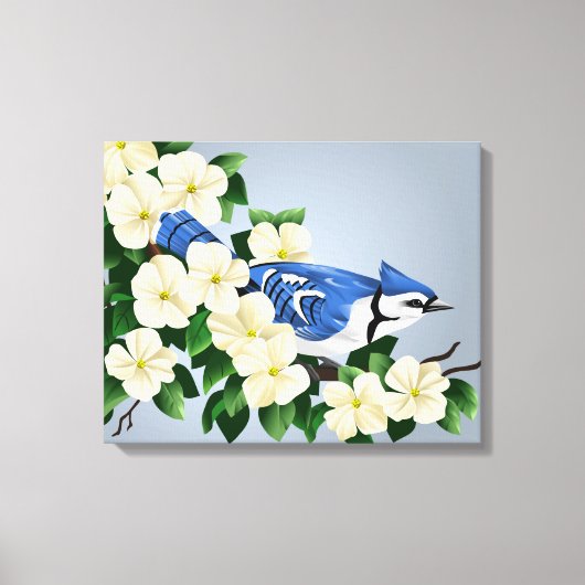 Blühendes Dogwood mit Blue Jay Bird Leinwanddruck (Vorderseite)