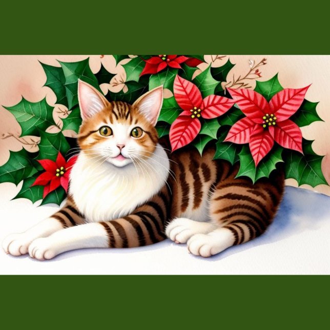 Blühendes Katzenwirbelkissen Kissen (A square throw pillow with a green border features a watercolor-style painting of a tabby cat.)