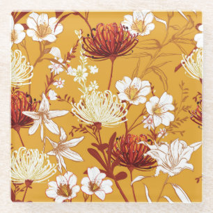 Blühendes Retro: Unvollendete Florale Linienkunst Glasuntersetzer