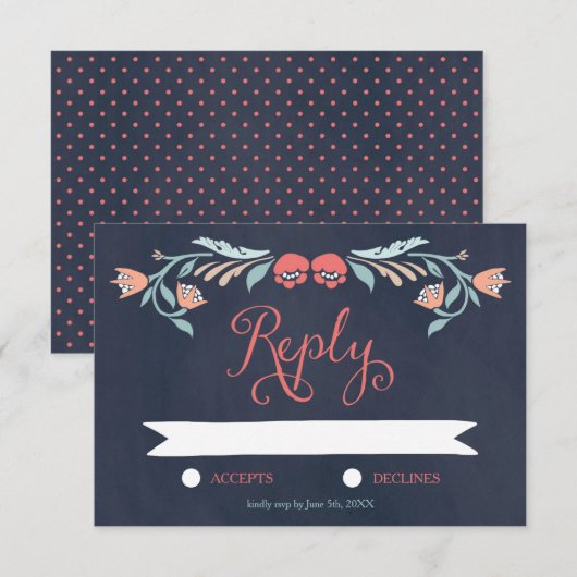 Bluish Chalkboard Elegant Floral Wedding RSVP Karte (Vorne/Hinten)