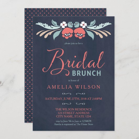Bluish Chalkboard Floral Bridal Brunch Einladung (Vorne/Hinten)