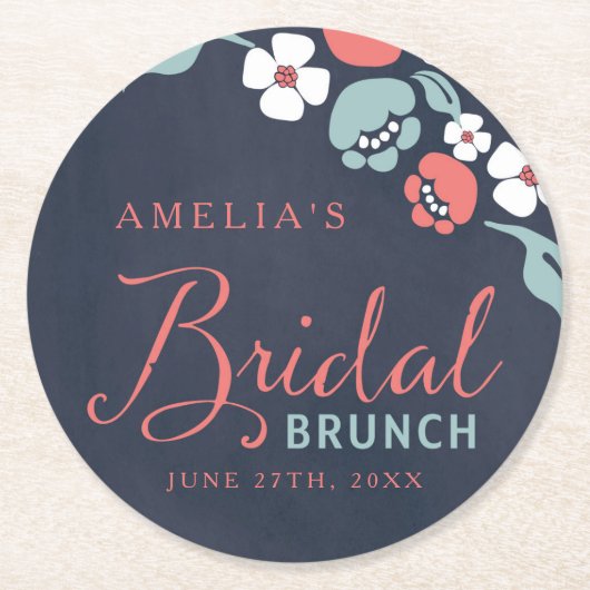 Bluish Chalkboard Floral Bridal Brunch Round Runder Pappuntersetzer (Vorderseite)