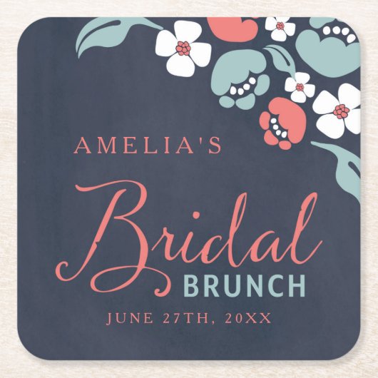 Bluish Chalkboard Floral Bridal Brunch Square Rechteckiger Pappuntersetzer (Vorderseite)