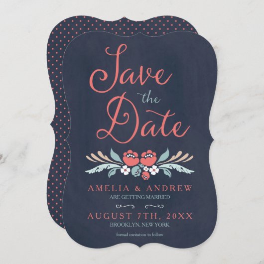 Bluish Chalkboard Floral Save the Date Card Einladung (Vorne/Hinten)