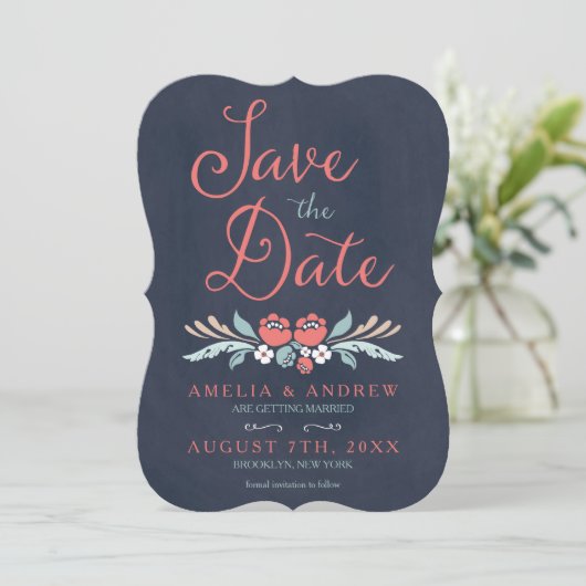 Bluish Chalkboard Floral Save the Date Card Einladung (Stehend Vorderseite)