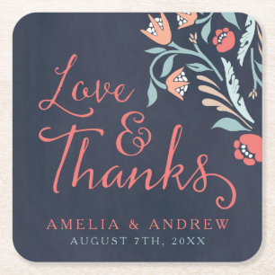 Bluish Chalkboard Floral Wedding Liebe und Dank Rechteckiger Pappuntersetzer
